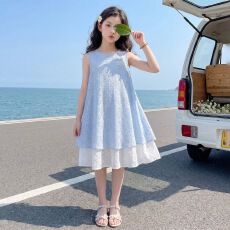 批发<b class='q'>女</b><b class='q'>童</b>无袖连衣裙2026夏季新款<b class='q'>中大</b>童双层蕾丝绣花背心裙度假风裙子