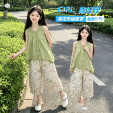 批发<b class='q'>女</b><b class='q'>童</b>夏季简约小清新无袖上衣碎花裤两件套2026新款洋气<b class='q'>中大</b>童套装