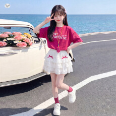 女童玫红印花T恤蛋糕裙套装2026夏季新款中大童甜美短袖花边短裙