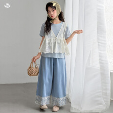 女童夏季3件套2026新款儿童时尚洋气蕾丝背心T恤牛仔阔腿裤套装潮