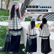 女童夏装田园风2026新款中大童无袖花边格子娃娃衫屁帘阔腿裤套装