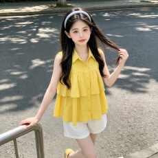 批发<b class='q'>女</b><b class='q'>童</b><b class='q'>简约风</b><b class='q'>夏装</b>2026新款中<b class='q'>大</b><b class='q'>童</b>polo领无袖花边娃娃衫短裤两件套薄