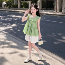 批发<b class='q'>女</b><b class='q'>童</b><b class='q'>森系</b><b class='q'>套装</b><b class='q'>2026</b>夏季新款中<b class='q'>大</b><b class='q'>童</b>小飞袖格子娃娃衫短裤夏装两件套