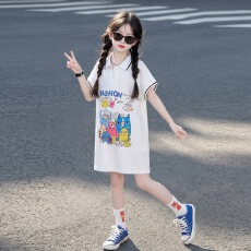 批发女童休闲卡通印花<b class='q'>连衣裙</b>2026夏新款中大童polo领T恤裙儿童中长裙