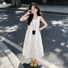 批发<b class='q'>女童</b>法式无<b class='q'>袖</b>背心裙2026夏季新款中大童白色<b class='q'>连衣裙</b>吊带裙儿童长裙