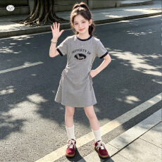 批发<b class='q'>女童</b>卡通印花<b class='q'>连衣裙</b>2026夏季新款中大童抽绳收腰T恤裙撞色中长裙
