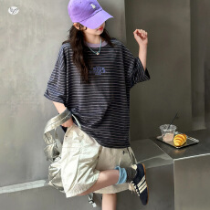 批发<b class='q'>女</b><b class='q'>童</b>条纹T恤休闲套装2026<b class='q'>夏季</b>新款中大儿童字母中袖上衣工装短裤