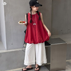 女童韩系夏装2026新款中大儿童无袖花苞娃娃衫木耳边阔腿裤两件套