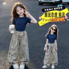 批发<b class='q'>女</b><b class='q'>童</b>晕染弯刀裤套装 2026<b class='q'>夏季</b>新款中大童修身短袖T恤阔腿裤两件套