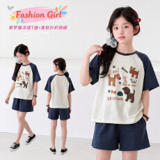 批发<b class='q'>女</b><b class='q'>童</b><b class='q'>夏季</b>休闲运动服2026新款中大童卡通印花短袖撞色T恤短裤套装
