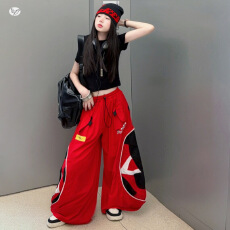 批发<b class='q'>女</b><b class='q'>童</b>美式辣妹露脐T恤阔腿裤套装2026<b class='q'>夏季</b>新款中大童嘻哈爵士舞服
