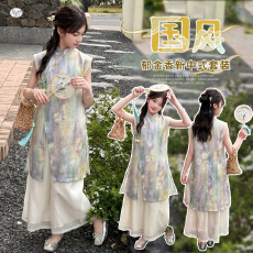 批发女童夏季新中式风无袖旗袍裙套装女大童<b class='q'>韩版</b>休闲阔腿裤国风两件套
