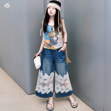 批发<b class='q'>女</b><b class='q'>童</b><b class='q'>套装</b><b class='q'>2026</b>夏季新款中<b class='q'>大</b><b class='q'>童</b>猫咪印花背心蕾丝绣花拼接阔腿裤<b class='q'>夏</b>装