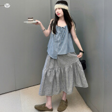批发<b class='q'>女童</b>韩系<b class='q'>夏装</b>2026新款昨天的不规则格子吊带衫半身裙长裙儿童套装