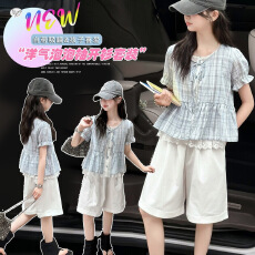 批发女<b class='q'>童</b><b class='q'>套装</b><b class='q'>202</b>6夏新款中<b class='q'>大</b><b class='q'>童</b>假两件泡泡袖娃娃衫白色短裤两件套轻薄