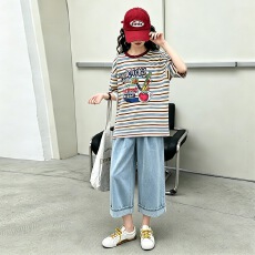 批发女<b class='q'>童</b><b class='q'>条纹</b>T恤<b class='q'>牛仔</b>裤<b class='q'>套装</b>2026夏新款中<b class='q'>大</b><b class='q'>童</b>卡通印花短袖卷边阔腿裤