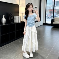 批发女<b class='q'>童</b><b class='q'>套装</b><b class='q'>202</b>6夏新款中<b class='q'>大</b><b class='q'>童</b>抽绳收腰T恤不规则花边半身裙高腰A字裙