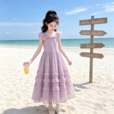 批发女童飞飞袖<b class='q'>连衣裙</b>2026夏季新款中大童花边蛋糕裙显瘦收腰<b class='q'>儿童</b>长裙