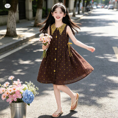 批发<b class='q'>女童</b>无袖<b class='q'>波点</b>连衣裙2026夏季新款中大童复古棕色<b class='q'>背心裙</b>收腰A字裙