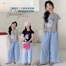 批发<b class='q'>女</b><b class='q'>童</b>遛弯外出套装2026夏季新款中大童卡通印花T恤蕾丝花边格子裤