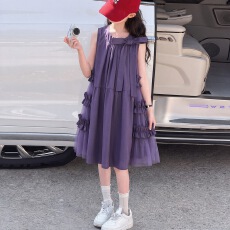 批发女童网纱拼接<b class='q'>连衣裙</b>2026夏新款中大童无袖背心裙紫色蝴蝶结公主裙