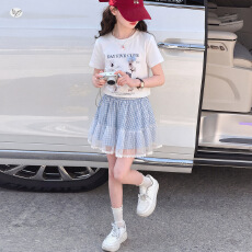 批发<b class='q'>女</b><b class='q'>童</b>夏装甜美套装2026新款中大童卡通印花T恤蕾丝拼接格子裙短裙