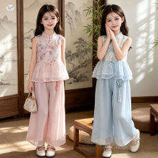 批发新中式<b class='q'>女</b><b class='q'>童</b>夏季汉服新款小清新中大童无袖上衣阔腿裤古装唐装套装