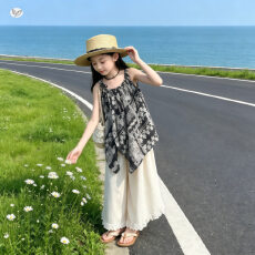 批发女童吊带套装<b class='q'>儿童</b>挂脖背心上衣木耳边阔腿九分<b class='q'>裤</b>中大童度假两件套