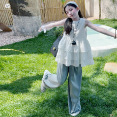 批发<b class='q'>女</b><b class='q'>童</b>韩系叠穿套装2026夏新款中大童无袖蛋糕娃娃衫花边牛仔阔腿裤