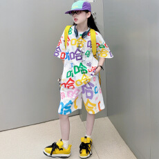 批发<b class='q'>女童</b>多巴胺<b class='q'>彩</b>色印花休闲套装2026夏季新款中大童宽松短袖<b class='q'>中裤</b>夏装