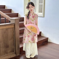 批发<b class='q'>女童</b>国风<b class='q'>套装</b>2026夏季新款中大童花朵刺绣旗袍裙阔腿裤新中式夏装