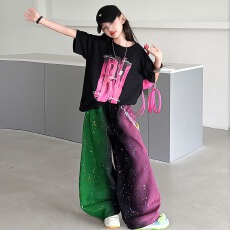 批发<b class='q'>女童</b>美式喷墨<b class='q'>阔腿裤</b>套装2026夏季新款中大童宽松印花T恤弯刀裤潮