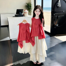批发<b class='q'>女童</b>夏<b class='q'>季</b>套装2026新款儿童红色娃娃衫上衣女孩夏装不规则<b class='q'>裙裤</b>两件