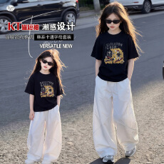 批发<b class='q'>女童</b>休闲<b class='q'>套</b>装2026夏季新款中大儿童卡通印花T恤棉布阔腿裤弯刀裤