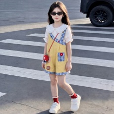 批发<b class='q'>女</b><b class='q'>童</b>日系背带裤套装2026夏新款中大童撞色卡通短裤娃娃领<b class='q'>衬衫</b>夏装