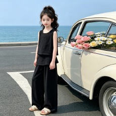 批发<b class='q'>女童</b>韩系<b class='q'>套装</b>2026夏新款中大童无袖背心屁帘阔腿裤三件套儿童夏装