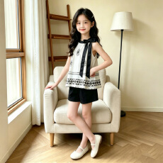 批发<b class='q'>女童</b>雪纺<b class='q'>套</b>装2026夏季新款中大童无袖蝴蝶结挂脖上衣短裤儿童夏装