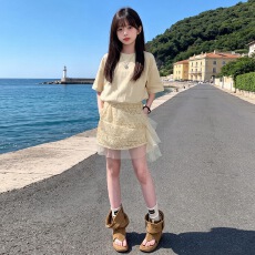 批发女童韩系连衣裙2026<b class='q'>夏</b>季新款中大童可拆卸蕾丝花边裙帘T恤裙套装