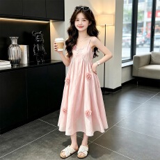 批发女童立体花朵吊带<b class='q'>裙</b>2026夏季新款中大童甜美粉色连衣<b class='q'>裙</b><b class='q'>儿童</b>沙滩<b class='q'>裙</b>