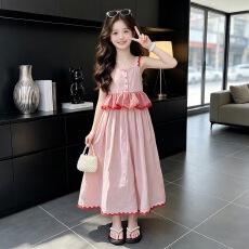 批发女童吊带连衣<b class='q'>裙</b>2026夏新款中大童撞色无袖背心<b class='q'>裙</b>格子花边<b class='q'>儿童</b>长<b class='q'>裙</b>