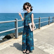 批发<b class='q'>女童</b>孔雀<b class='q'>蓝</b>套装2026夏季新款中大儿童花边无袖娃娃衫阔腿裤两件套