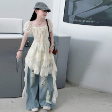 批发女童法式泡泡袖连衣裙2026<b class='q'>夏</b>款中大童荷叶边飘带燕尾裙蝴蝶公主裙
