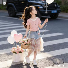 批发女童甜美套装2026<b class='q'>夏</b>新款中大童冰丝针织T恤牛仔拼接碎花裙两件套