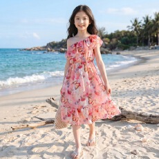 批发女童荷叶边一字肩连衣<b class='q'>裙</b>2026夏季新款中大童蝴蝶沙滩<b class='q'>裙</b><b class='q'>儿童</b>中长<b class='q'>裙</b>