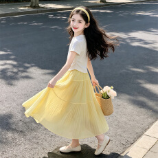 批发女童夏装2026新款中大童纯色短袖T恤压皱半身<b class='q'>裙</b>长<b class='q'>裙</b><b class='q'>儿童</b>气质套装