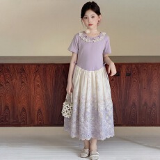 批发女童渐变绣花连衣<b class='q'>裙</b>2026夏新款中大童花边领口拼接T恤<b class='q'>裙</b><b class='q'>儿童</b><b class='q'>裙</b>子