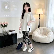 批发<b class='q'>女童</b>休闲<b class='q'>套</b>装2026夏季新款中大童宽松开叉T恤条纹修身烟管裤夏装