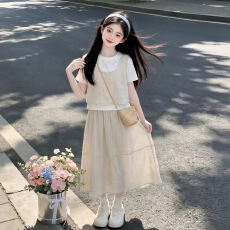 批发女童棉麻套装2026夏季新款中大童纯色马甲短袖半身<b class='q'>裙</b>文艺风三件套