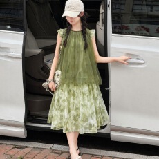 批发女童森系小飞袖连衣<b class='q'>裙</b>2026夏新款中大童网纱拼接长<b class='q'>裙</b><b class='q'>度假风</b>沙滩<b class='q'>裙</b>