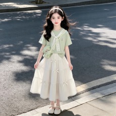 批发女童<b class='q'>夏</b>季裙套装2026新款中大童卡通刺绣披肩T恤蝴蝶结半身裙长裙